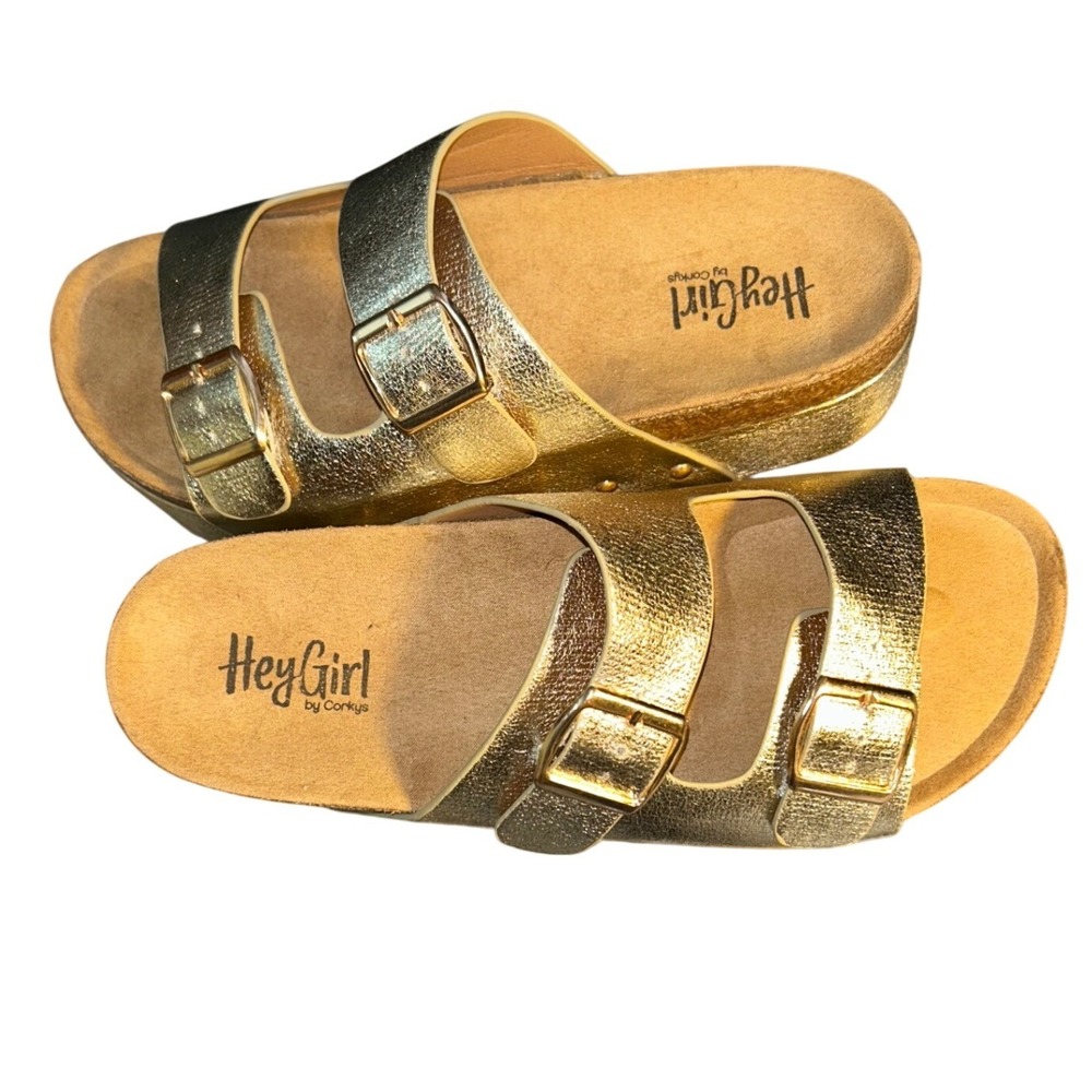 Hey Girl by Corkys Wannabe Gold Metallic Platform Studded Sandals Womens 10 - Picture 2 of 9